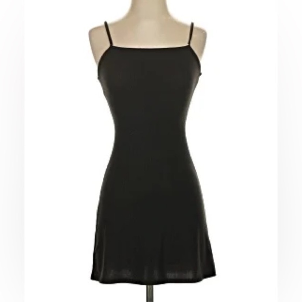 See You Monday XS black slip mini dress sheer mesh lined spaghetti straps LBD s